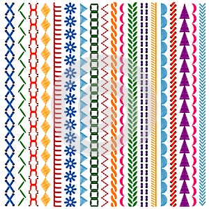 Embroidery stitches vector seamless patterns and borders set