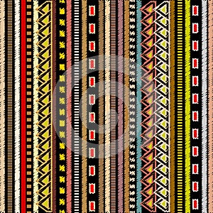 Embroidery striped tribal vector seamless pattern. Colorful tape