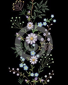 Embroidery texture flower seamless border. Floral fashion decoration textile fabric ornament. Small herb field daisy