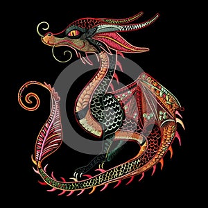 Embroidery textured bright ornamental ethnic dragon pattern background illustration. Colorful patterned tapestry chinese dragon