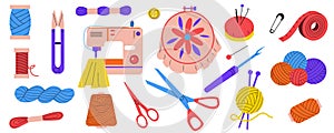 Embroidery tools. Cartoon tailor sewing machine thimble scissors and fabric, needlework sewing equipment for fashion