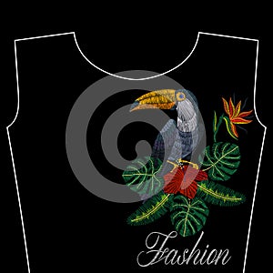 Embroidery toucan with tropical flowers, fashion word, vector illustration for girls