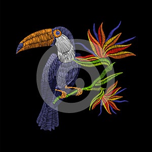 Embroidery toucan with tropical flowers. Vector artwork illustration for fashion