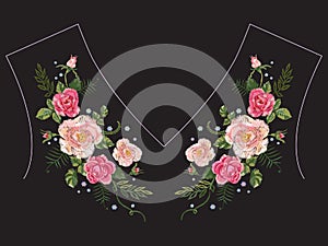 Embroidery traditional neckline pattern with pink roses and forget me not blossom.