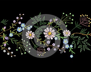 Embroidery trend floral border small branches herb leaf with little blue violet flower daisy chamomile. Ornate