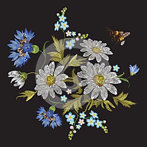 Embroidery trend floral pattern with chamomiles, cornflowers and bee.