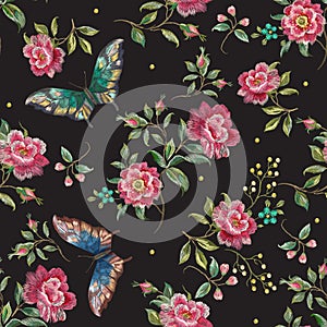 Embroidery trend floral seamless pattern with roses and butterfl