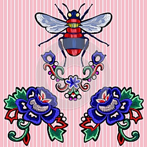 Embroidery trend patches with roses and bee.