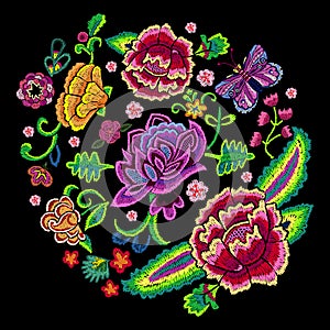 Embroidery trend round pattern with colorful simplify