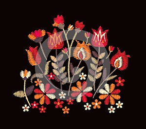Embroidery with tribal motifs. Bright composition with flowers and leaves in folk style on black background.