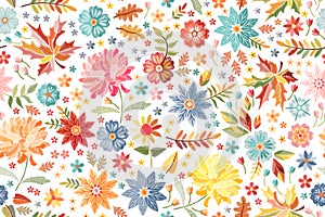 Embroidery vector design. Seamless pattern with colorful flowers and leaves on white background