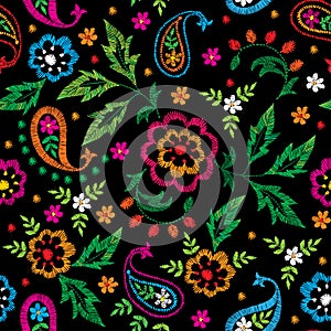 Embroidery vector seamless decorative floral pattern, ornament for textile decor. Bohemian handmade style background