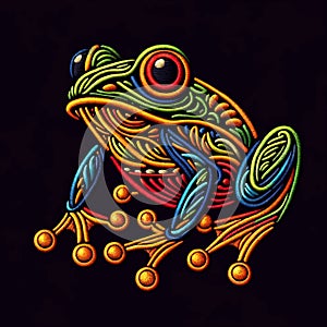 Embroidery vibrant colorful lines vector frog pattern background illustration. Textured ornamental tapestry frog. Grunge ornate