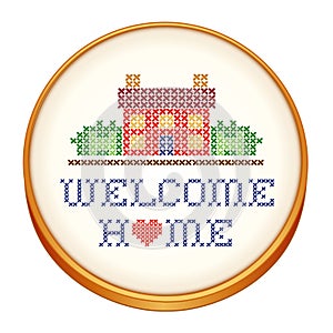 Embroidery, Welcome Home Cross Stitch on Wood Hoop