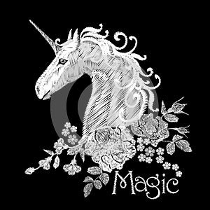Embroidery white floral pattern with dog roses and forget me not flowers. Unicorn fantasy fairytale dream vector