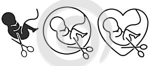 Embryo with scissors. Abortion sign. Stop Abortion Campaign. Vector illustration