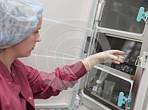 Embryologist putting sample into incubator