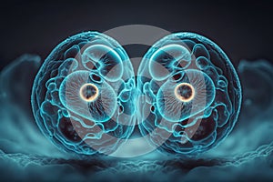 Embryonic stem cells division. Human cells under microscope. In vitro concept.