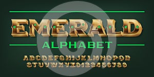 Emerald alphabet font. Golden letters and numbers inlaid green gemstones.