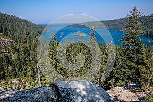 Emerald Bay, Lake Tahoe. Rocks, calm California overview