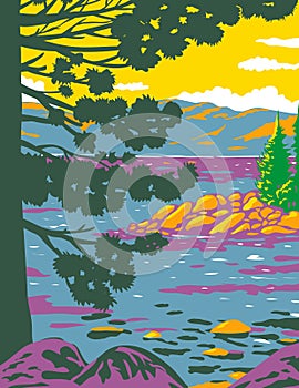 Emerald Bay Lake Tahoe in the Sierra Nevada Mountains located in California United States WPA Poster Art photo