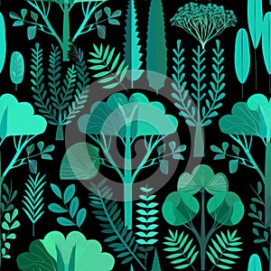 Emerald Botanical Extravaganza: Seamless Pattern of Stylized Plants photo