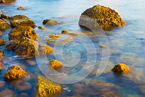 emerald calm sea bay with stones on coast