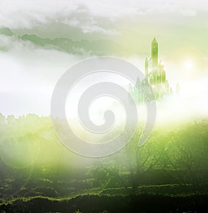 Emerald city in mist