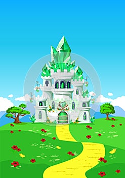 Emerald city and yellow brick road on a fairy tale background