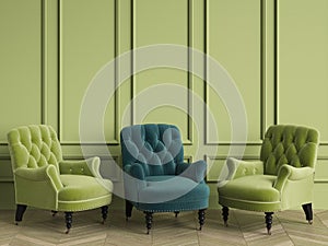 Emerald classic tufted chair among green chairs are standing in an empty room