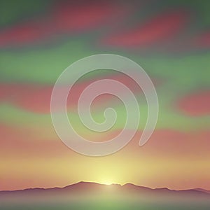 Emerald color sky at Sunset, color gradient background. AI-Generated.