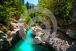 Emerald color Soca river with beautiful narrow canyon, Bovec, Slovenia