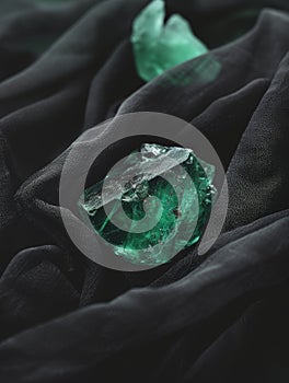 Emerald crystal on dark draped fabric