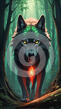 Emerald Gaze The Crimson Enigma - A Wolf Emerges from the Shadows, Eyes Aglow with Mysterious