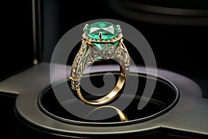 Emerald gemstone ring on display