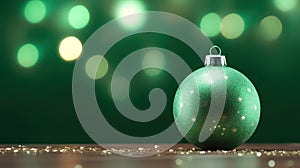 Emerald green beautiful Christmas ball on green background with bokeh, close-up, copy space.