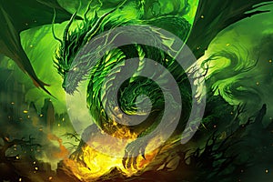 An emerald green dragon, symbol of the year 2024 with fire burning around.