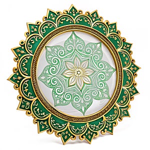 Emerald green and gold ornate mandala frame isolated on white photo