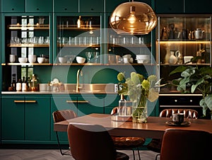 Emerald green kitchen in modern trendy design. Luxury finishes for comfortable family living.Emerald green kitchen in modern