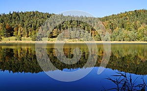 emerald-green lake Ober See near lake Alatsee on a fine autmn day in Bad Faulenbach (Fuessen, Bavaria in Germany)