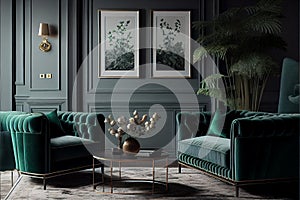 Emerald green living room interior with fog grey walls. Sofa and coffee table