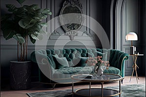 Emerald green living room interior with fog grey walls. Sofa and coffee table