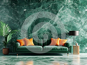 Emerald Green Living Room: Modern Sofa & Marble Wall Interior Decor