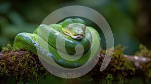 Emerald Green Tree Python Coiled Elegantly on a Moss Covered Branch