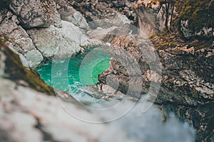 Emerald green waterfalls in an enchanted forest