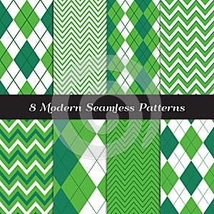 Emerald, Green and White Argyle and Chevron Seamless Vector Patterns.