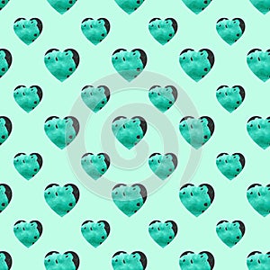 Emerald grey heart seamless pattern. Hand drawing watercolor sketch on mint background. Colorful illustration