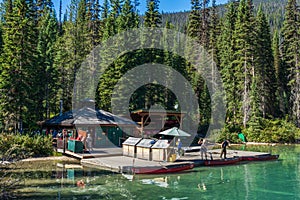 Emerald Lake Canoe Rentals and Boathouse in summer day. Yoho National Park, Canadian Rockies.