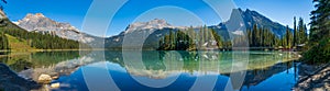 Emerald Lake panorama view in summer sunny day. Yoho National Park, Canadian Rockies.