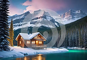 Emerald lake with snow-covered and wooden house at night on the lake shore, glowing stars